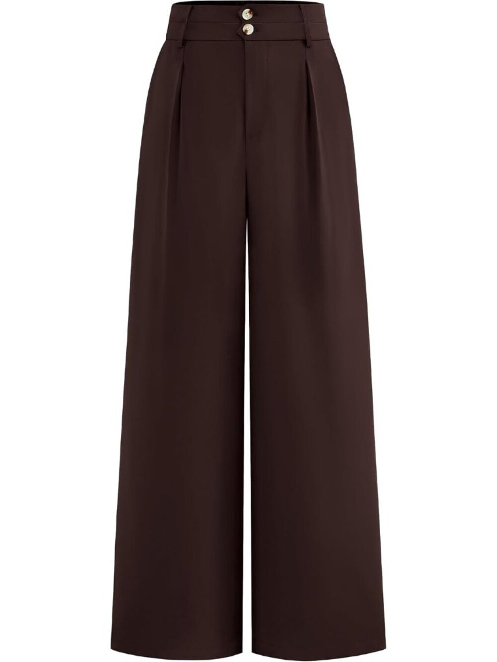 Women's Dark Brown High Waisted Button Pleated Business Casual Wide Leg Pants
